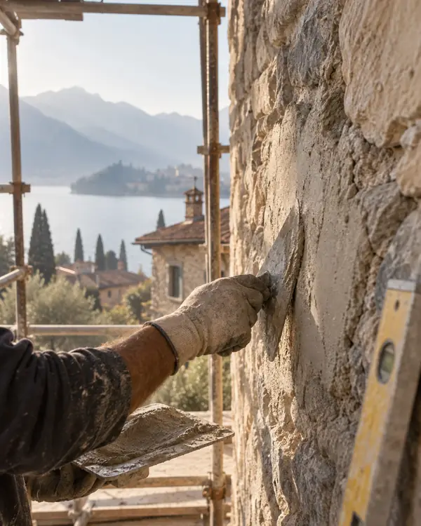 Artigiano che intonaca una parete in pietra