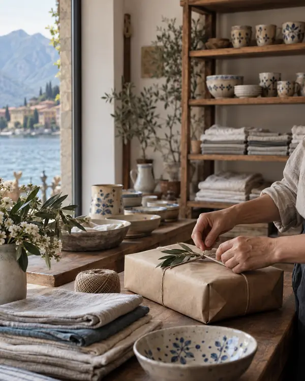 Bottega con ceramiche e lino
